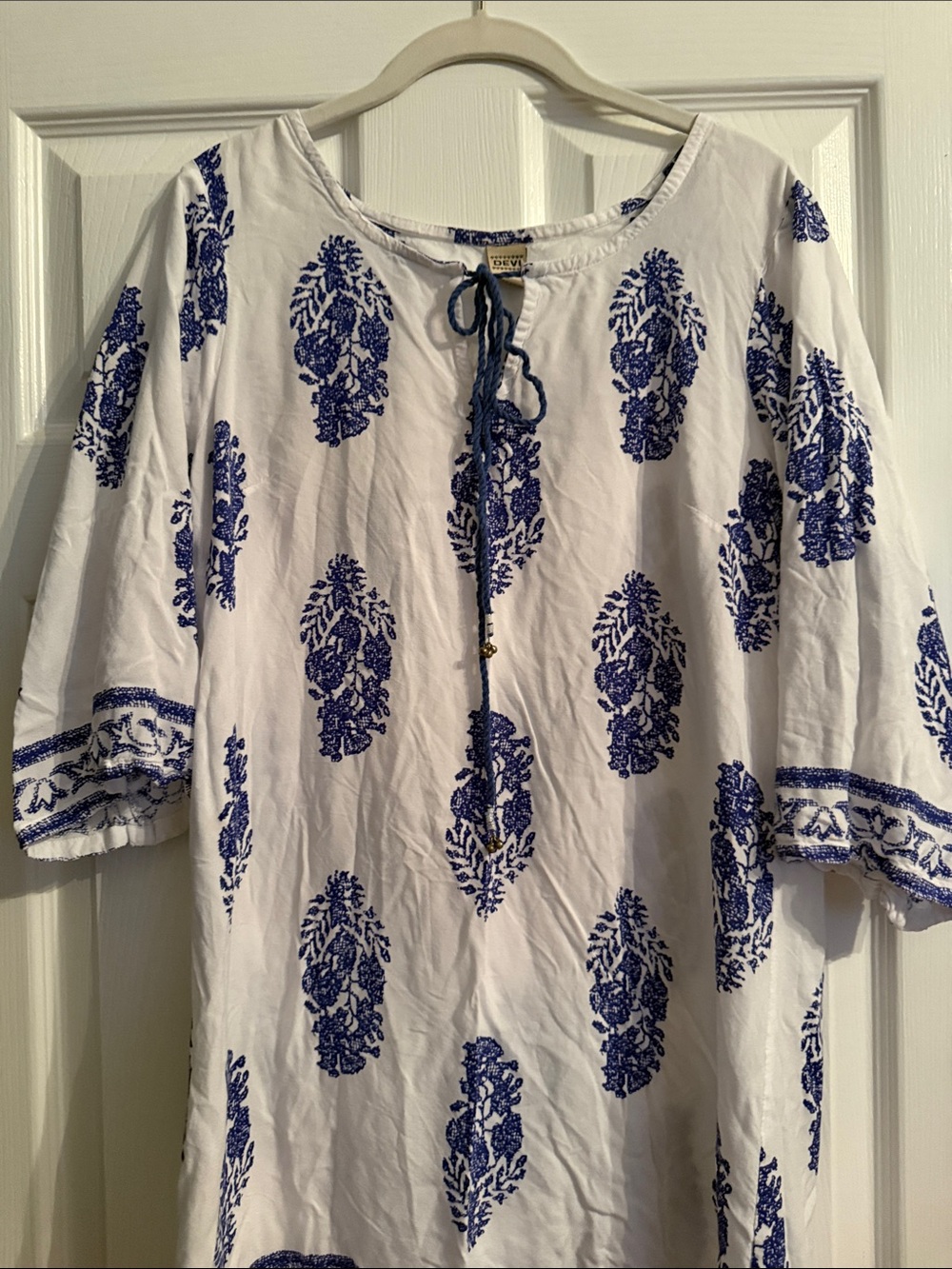 White Tunic Top with Navy Blue Floral Motif and Tie Neck